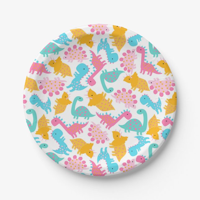 Fun Pink & Aquamarin Dinosaurier Muster Pappteller (Vorderseite)