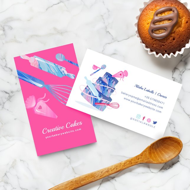 Fun Pink Blue Marble Bakery Tools & Utensities Pin Visitenkarte (Fun Pink Blue Marble Bakery Tools & Utensils Pink Business Card)