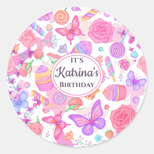 Fun Pink Butterfly, Cupcake, Candy Pattern Runder Aufkleber (Vorderseite)