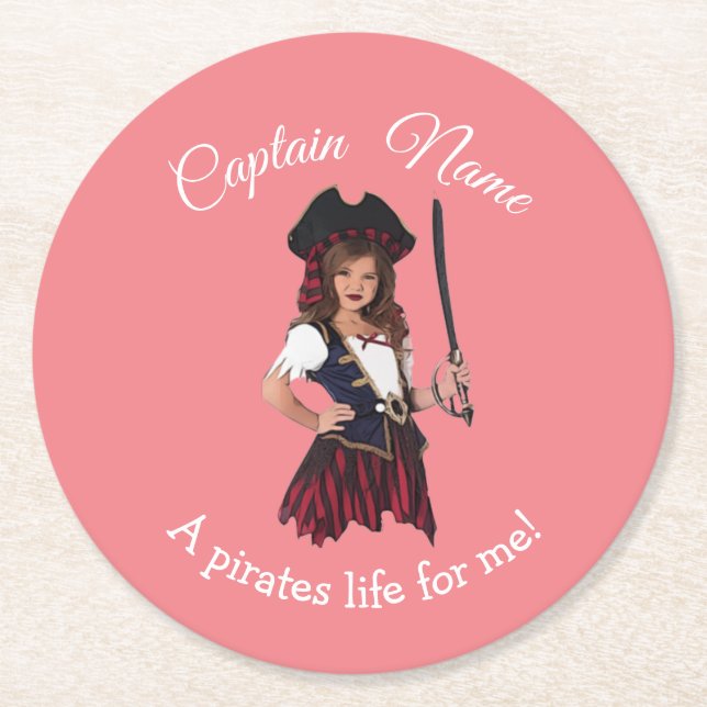 Fun Pink Girl Pirate Runder Pappuntersetzer (Vorderseite)