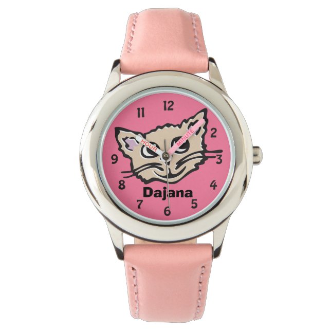 Fun pink Girls Kätzchen Kätzchen grafische Namen A Armbanduhr (Vorderseite)