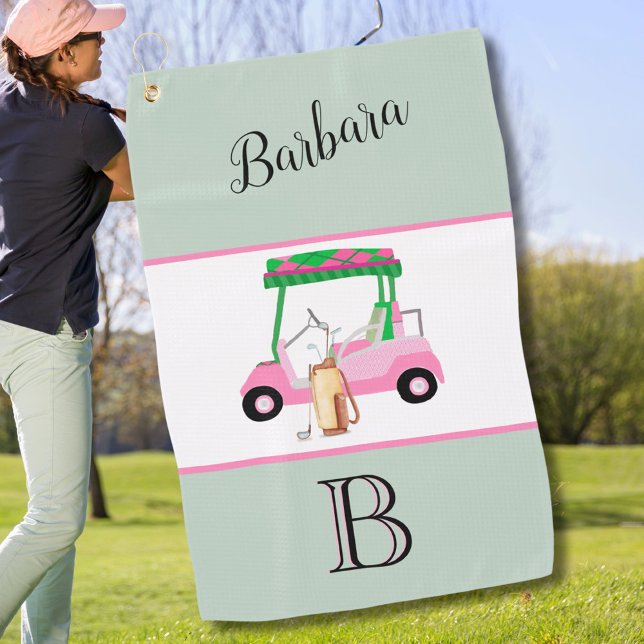 Fun Pink Golf Cart Monogram Name Golf Handtuch (Von Creator hochgeladen)