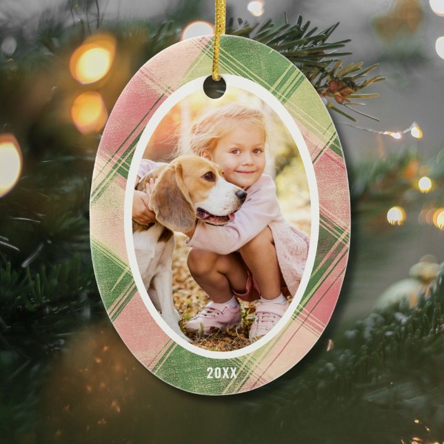 Fun Pink Green Kariert Custom Foto Weihnachtsbaum Keramik Ornament (Von Creator hochgeladen)