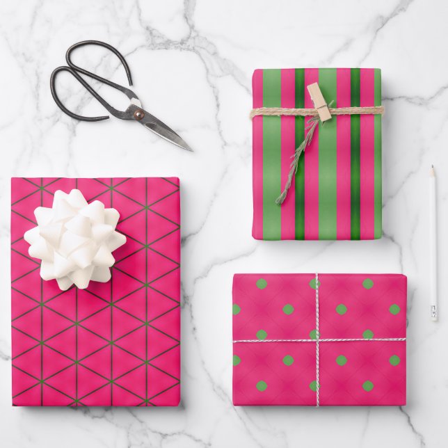 Fun Pink & Green Moderne Streifen und Polka Punkte Geschenkpapier Set (Vorderseite)