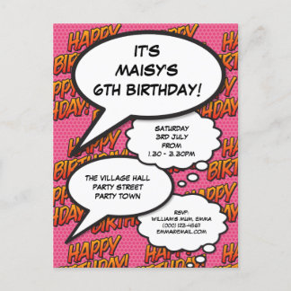 Fun Pink Happy Geburtstag Party Comic Sprechblasen Einladungspostkarte