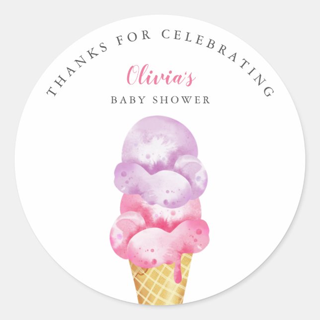 Fun Pink Ice Cream Baby Dusche Gefallen Runder Aufkleber (Vorderseite)