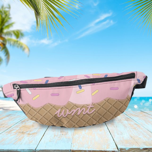 Fun Pink Ice Cream Cone Monogramme Fanny Pack ( A fun summer fanny pack for all sorts of cool adventures. Add your initials & enjoy the beach!)