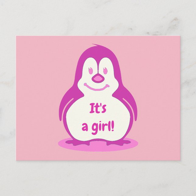 Fun Pink lächelnd Pinguin Es ist eine weibliche Ge Ankündigungspostkarte (Vorderseite)
