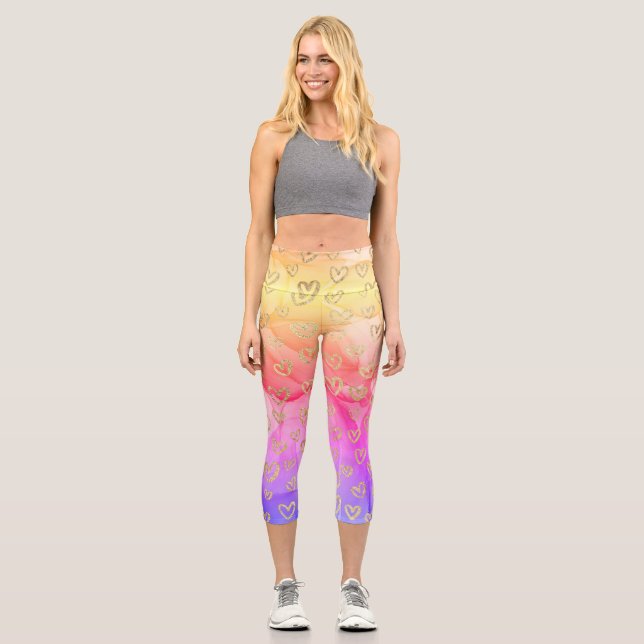 Fun Pink Lila Yellow Hearts Muster Capri Leggings (Vorderseite)