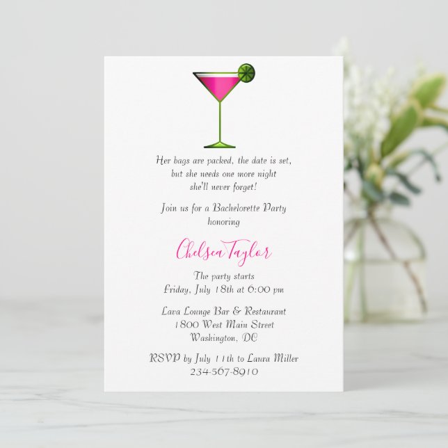 Fun Pink Martini Cocktail Stunden Junggeselinnen-A Einladung (Stehend Vorderseite)