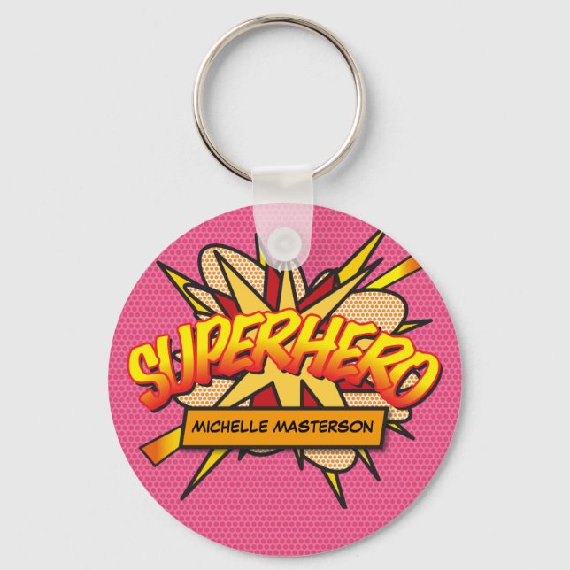 Fun Pink Personalisiertes Comic Buch SUPERHERO Schlüsselanhänger (Vorderseite)