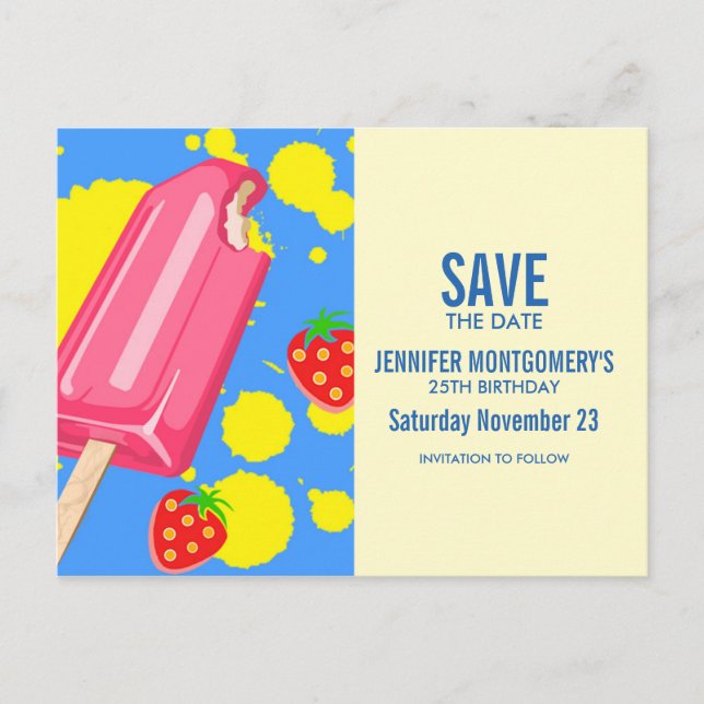 Fun Pink Popsicle und Erdbeeren Save the Date Postkarte (Vorderseite)