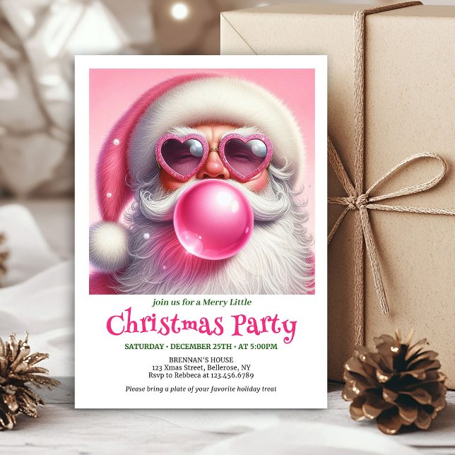 Fun pink santa chewing gum watercolor Xmas invite Einladung (Fun pink santa chewing gum watercolor Xmas invite)