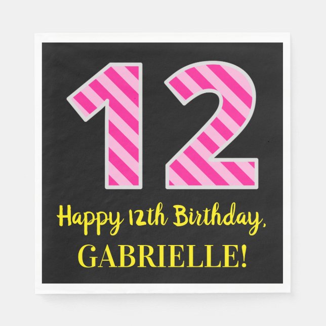 Fun Pink Streifen "12"; Glücklicher 12. Geburtstag Serviette (Vorderseite)