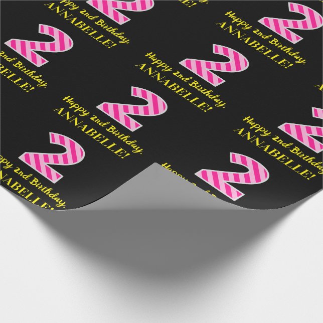 Fun Pink Streifen "2"; Happy 2nd Birthday; Name Geschenkpapier (Ecke)