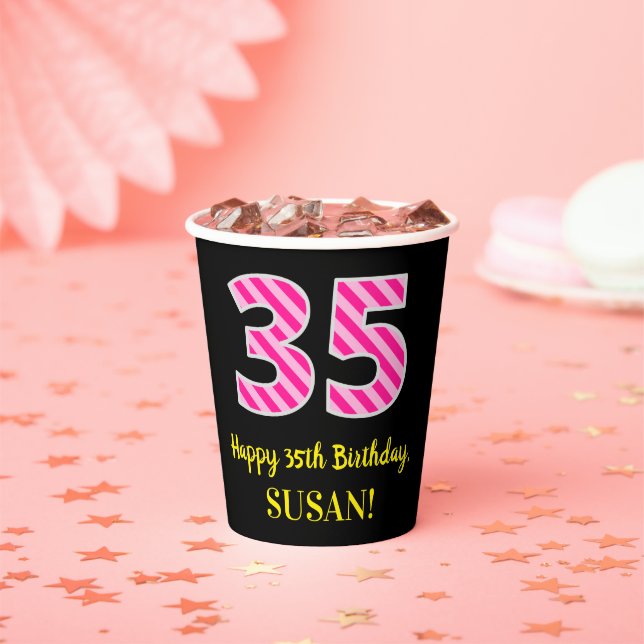 Fun Pink Streifen "35": Glücklicher 35. Geburtstag Pappbecher (Insitu)