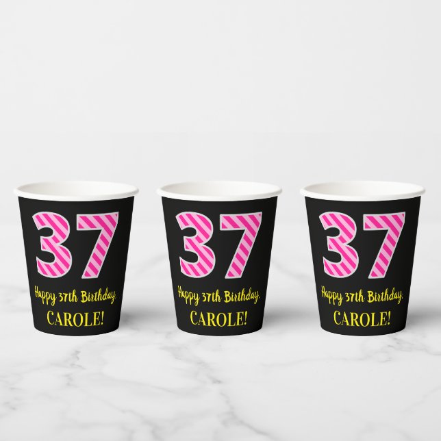 Fun Pink Streifen "37": Glücklicher 37. Geburtstag Pappbecher (Multi)