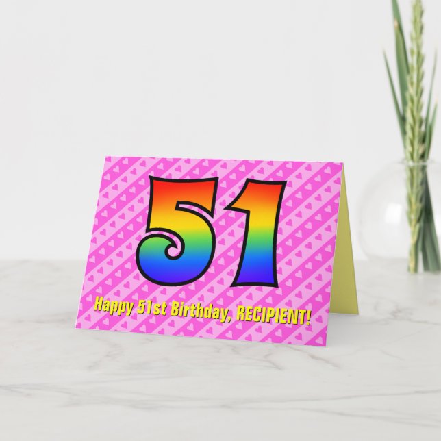 Fun Pink Streifen, Herz, Regenbogen # 51. Geburtst Karte (Vorderseite)