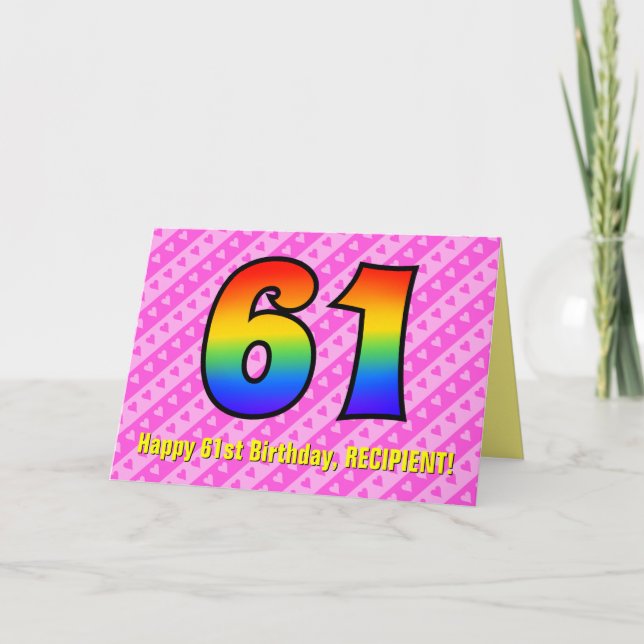 Fun Pink Streifen, Herz, Regenbogen # 61. Geburtst Karte (Vorderseite)