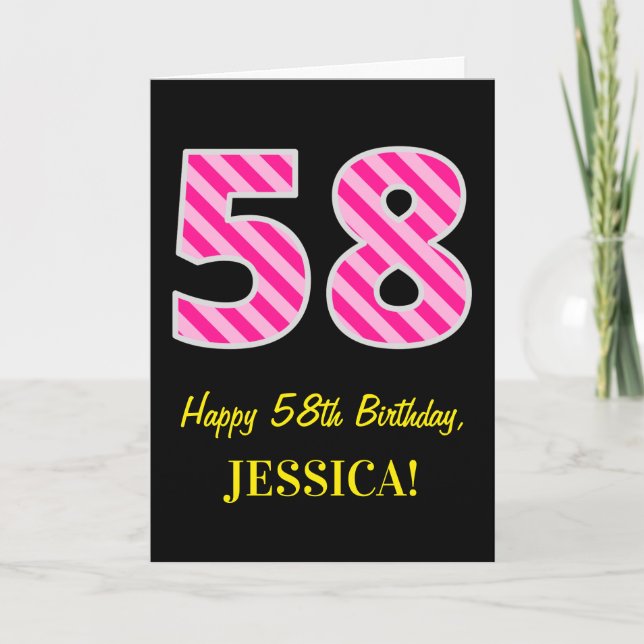 Fun Pink Striped "58"; Happy 58 th Birthday; Name Karte (Vorderseite)