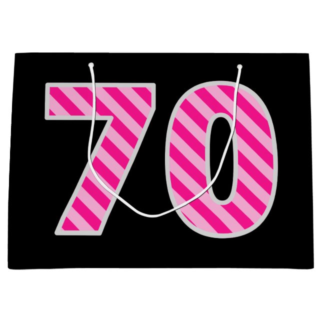 Fun Pink Striped "70"; Happy 70th Birthday; Name Große Geschenktüte (Vorderseite)