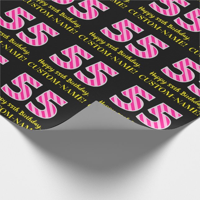 Fun Pink Stripes "55"; Happy 55 th Birthday; Name Geschenkpapier (Ecke)