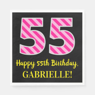 Fun Pink Stripes "55"; Happy 55 th Birthday; Name Serviette