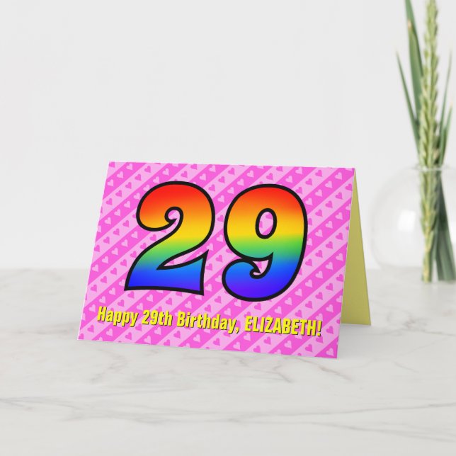 Fun Pink Stripes, Hearts, Rainbow # 29th Birthday Karte (Vorderseite)