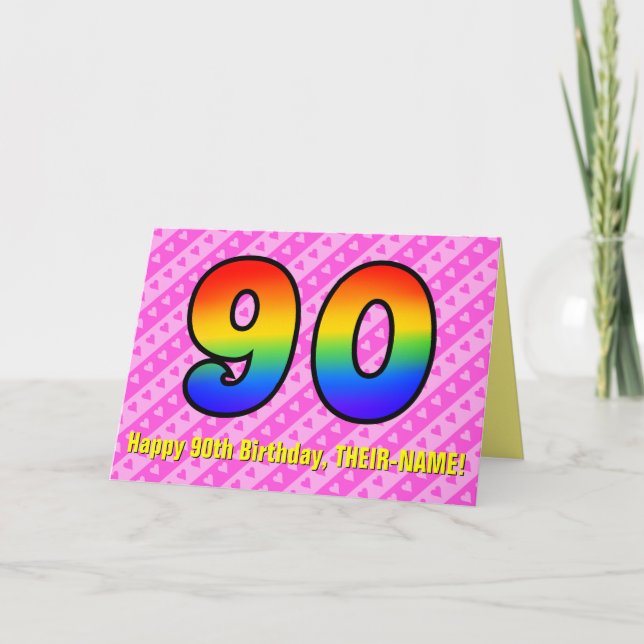 Fun Pink Stripes, Hearts, Rainbow # 90th Birthday Karte (Vorderseite)