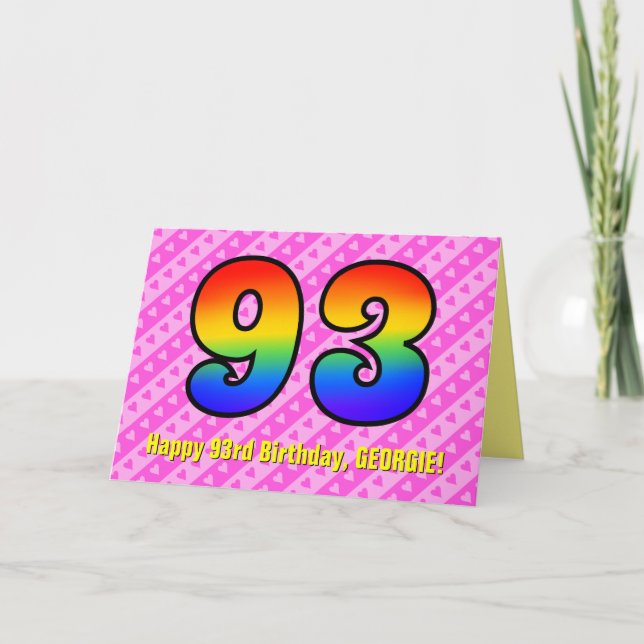 Fun Pink Stripes, Hearts, Rainbow # 93rd Birthday Karte (Vorderseite)