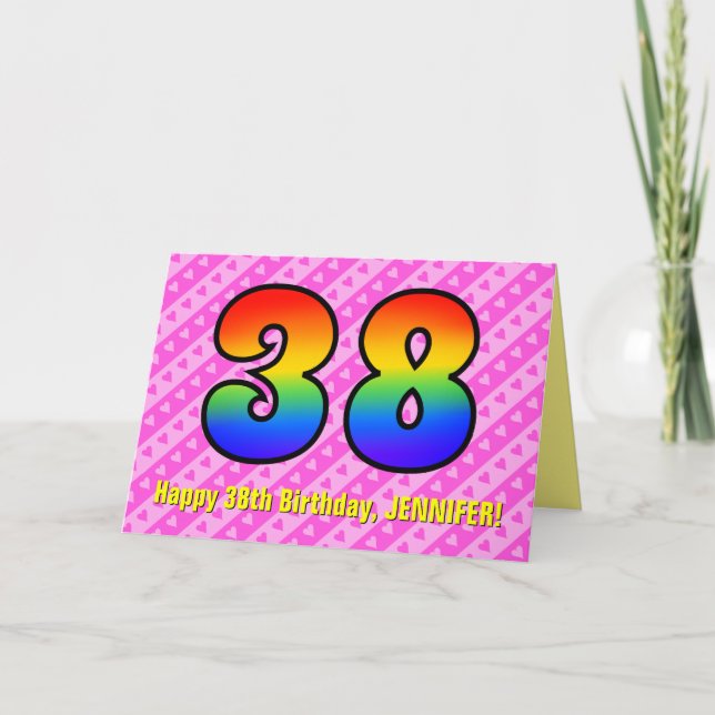 Fun Pink Stripes, Herz, Regenbogen # 38. Geburtsta Karte (Vorderseite)