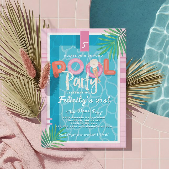 Fun Pink Tropical Adult Summer Pool Party Geburtst Einladung (Fun Pink Tropical Palm Summer Pool Party Birthday Invitation)