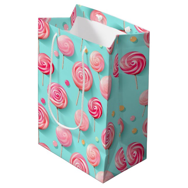 Fun Pink und Blue Lollipops Candy Lane Mittlere Geschenktüte (Vorderseite Schrägansicht)