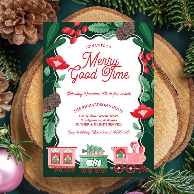 Fun Pink Vintag Train Weihnachtsbaum Lieferung Einladung (Fun Pink Vintage Train Christmas Tree Delivery Invitation)