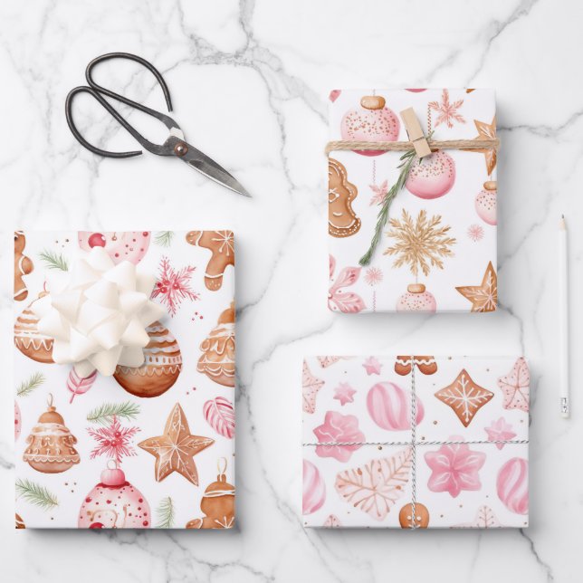 Fun Pink Weihnachten Süße Leckereien Geschenkpapier Set (Vorderseite)