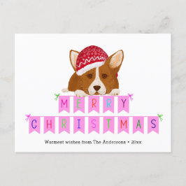 Fun Pink Weihnachts Banner Red Hat Corgi Postkarte