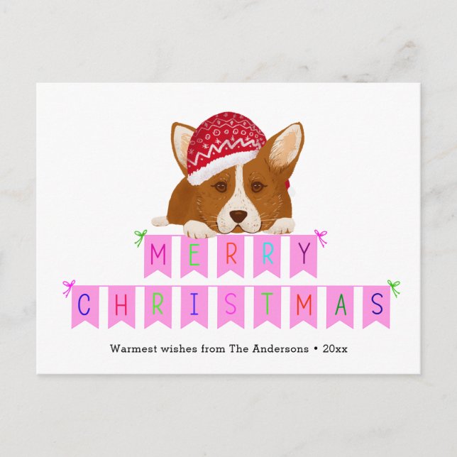 Fun Pink Weihnachts Banner Red Hat Corgi Postkarte (Vorderseite)