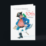 Fun Pirate 10th Birthday Card for Grandson Karte<br><div class="desc">A 10th Birthday Card for a very special Grandson,  with a jolly pirate and his parrot,  from a watercolour painting by Judy Adamson. You can edit the inside text if you wish.</div>