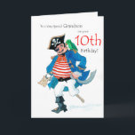 Fun Pirate 10th Birthday Card for Grandson Karte<br><div class="desc">A 10th Birthday Card for a very special Grandson,  with a jolly pirate and his parrot,  from a watercolour painting by Judy Adamson. You can edit the inside text if you wish.</div>