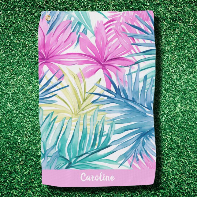 Fun Preppy Monogram Tropical Verlass Pattern Pink Golfhandtuch (Von Creator hochgeladen)