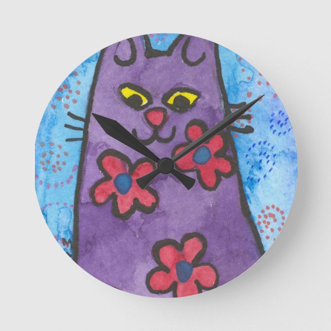 Fun Purple Flowered Cat Runde Wanduhr (Vorderseite)