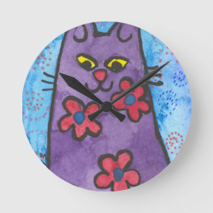 Fun Purple Flowered Cat Runde Wanduhr