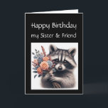 Fun Raccoon Sister Liebe Geburtstag Blume Karte<br><div class="desc">eine Geburtstagskarte für Ihre Schwester mit einem niedlichen Waschbär und einem Strauß an Blume</div>