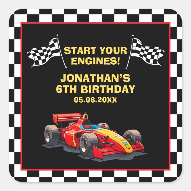 Fun Racing Driver Birthday Boy Quadratischer Aufkleber (Vorderseite)