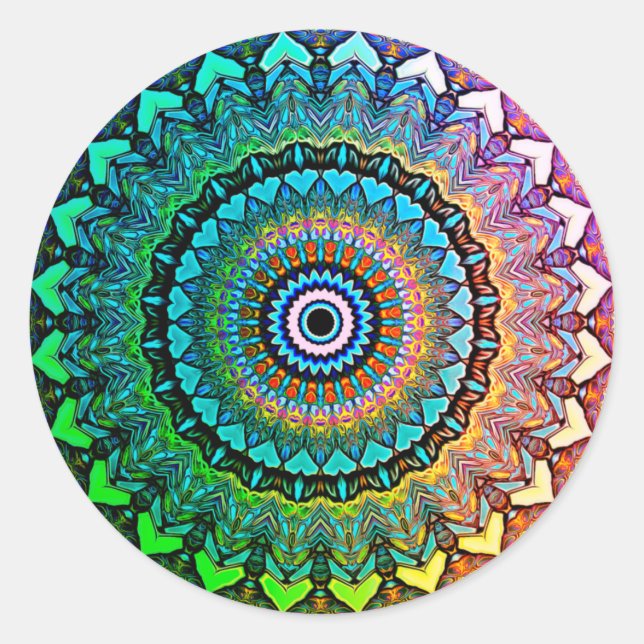 Fun Rainbow and Hearts Mandala Runder Aufkleber (Vorderseite)