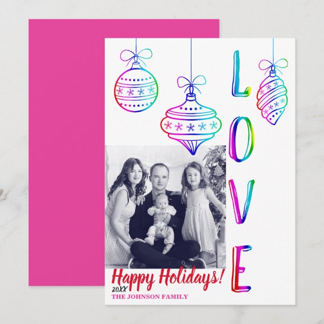 Fun Rainbow LIEBE Holiday Ornaments Foto Einladung (Vorne/Hinten)