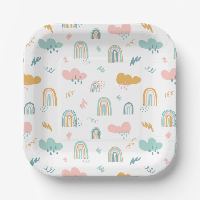 Fun Rainbow & Rain Cloud Pattern Pappteller (Vorderseite)