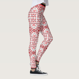 Fun Red Black Nordic Fair Isle Snowflake Motif Leggings