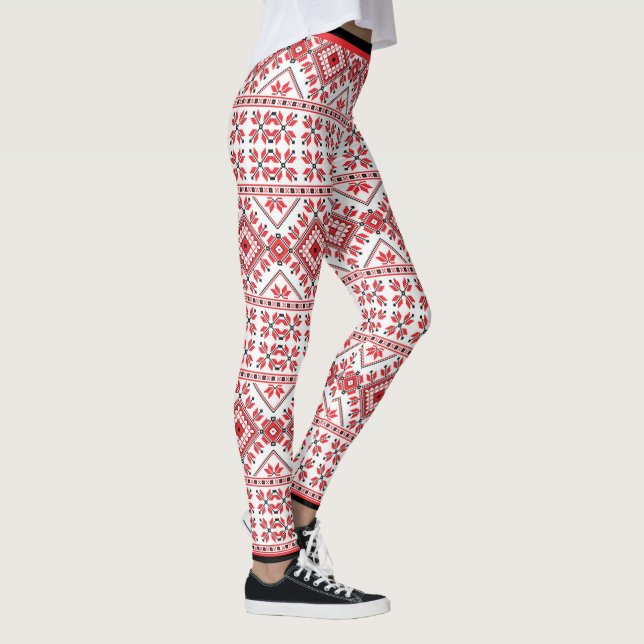 Fun Red Black Nordic Fair Isle Snowflake Motif Leggings (Rechts)