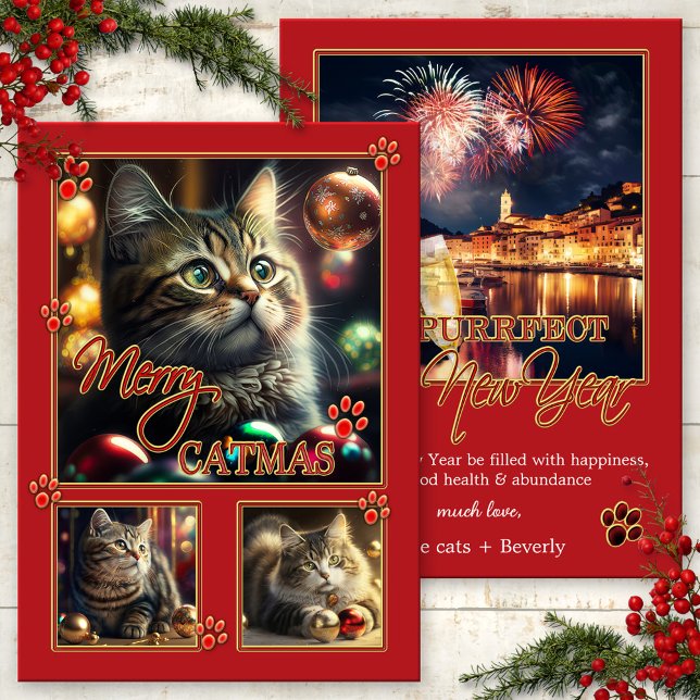Fun Red Cat Photo Noël Nouvel An Carte (Fun red Catmas and New Year card with your photos or images of cats playing with Christmas balls)
